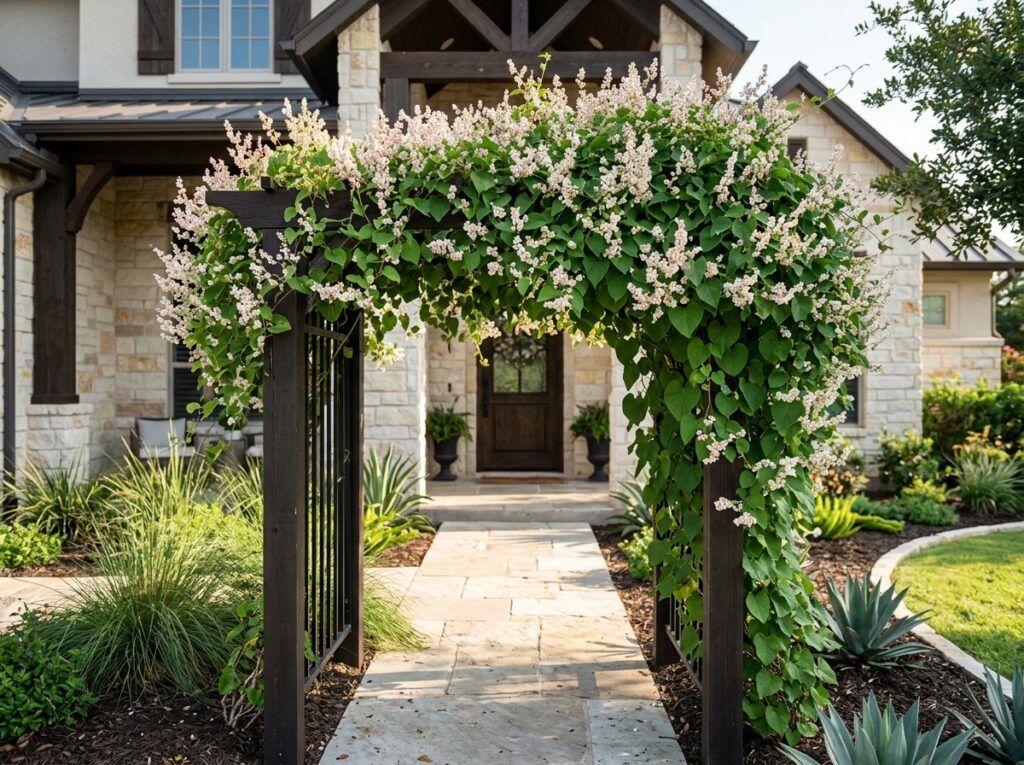 Silverlace Vine with clusters of small white flowers and dense green foliage growing as a climbing vine on a support