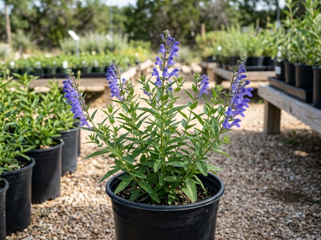 Skullcap perennial in bloom with purple flower spikes and green foliage in a black nursery pot.