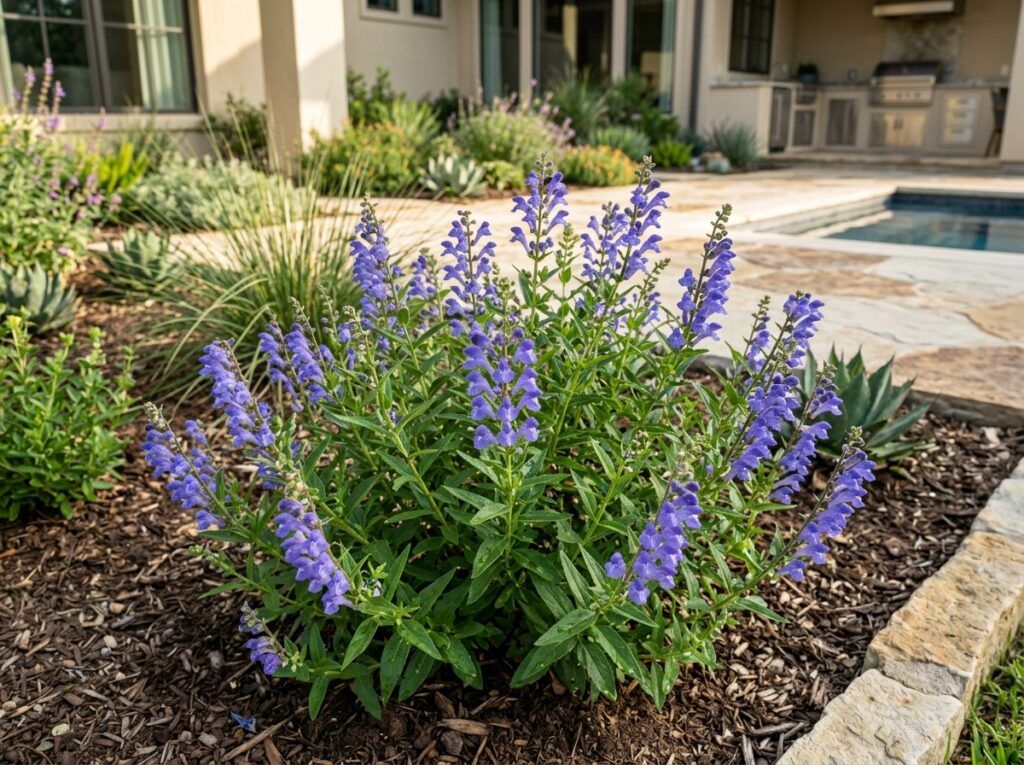 Skullcap perennial with purple-blue flowers and green foliage growing in a nursery pot.