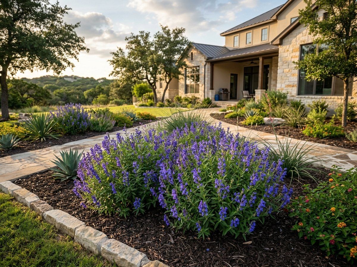 Skullcap perennial with purple-blue blooms and green foliage in a garden bed.