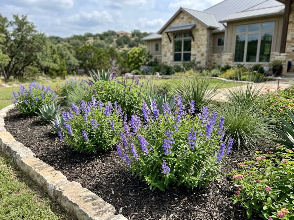Skullcap perennial with purple-blue flowers and dense green foliage in a close-up garden view.