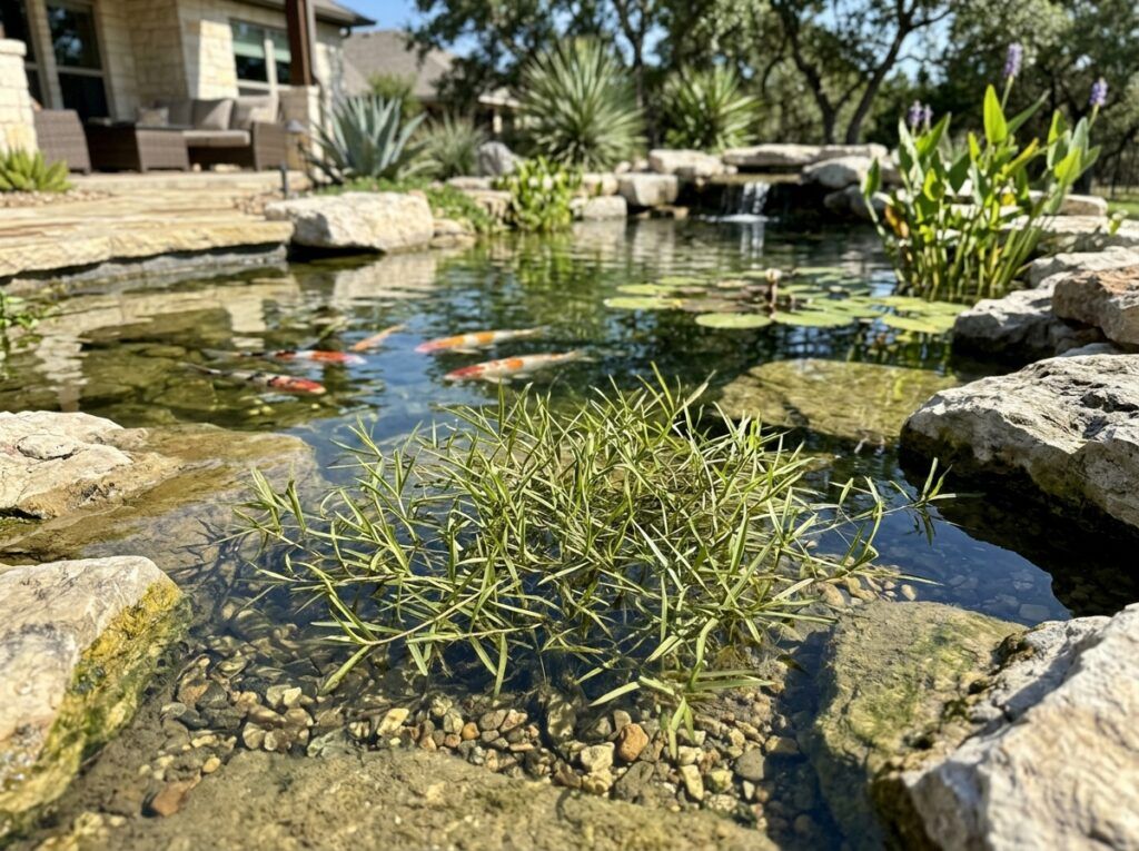Small Pondweed aquatic plant with slender green leaves and stems growing underwater in shallow water.