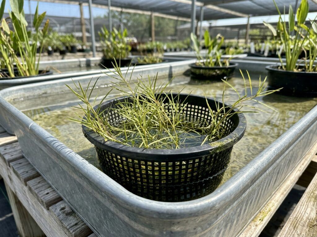 Small Pondweed growing in shallow water, showing slender green stems and narrow leaves.
