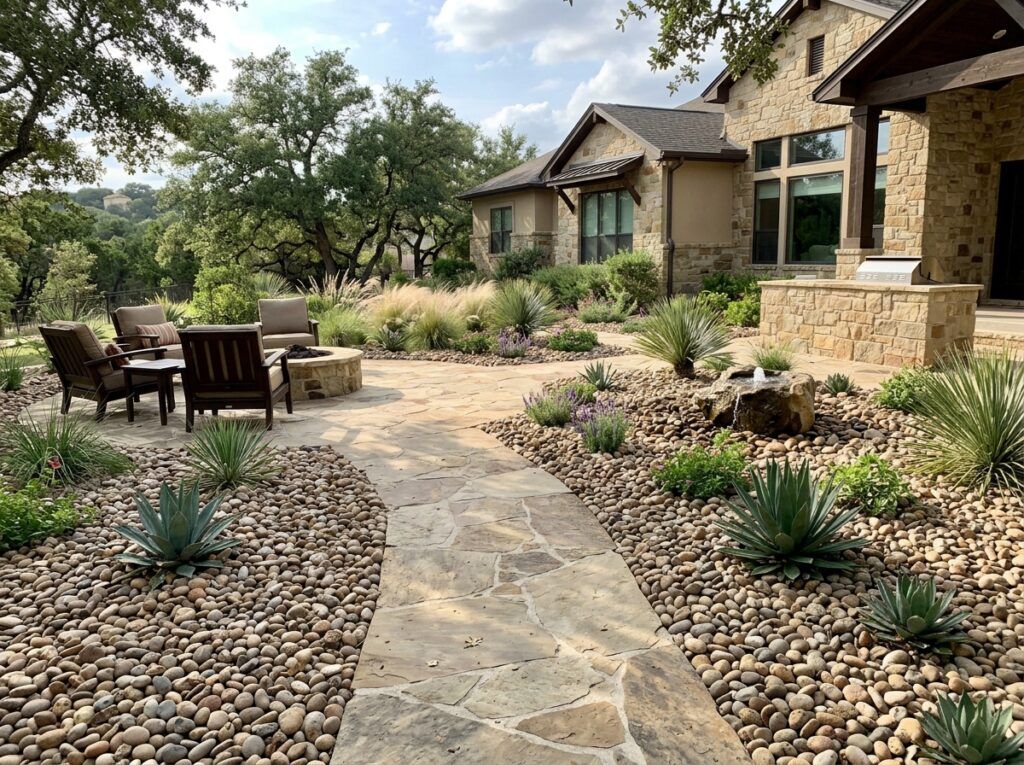Small Colorado River Rock river rock ground cover spread along landscaped bed with smooth tan and gray stones.