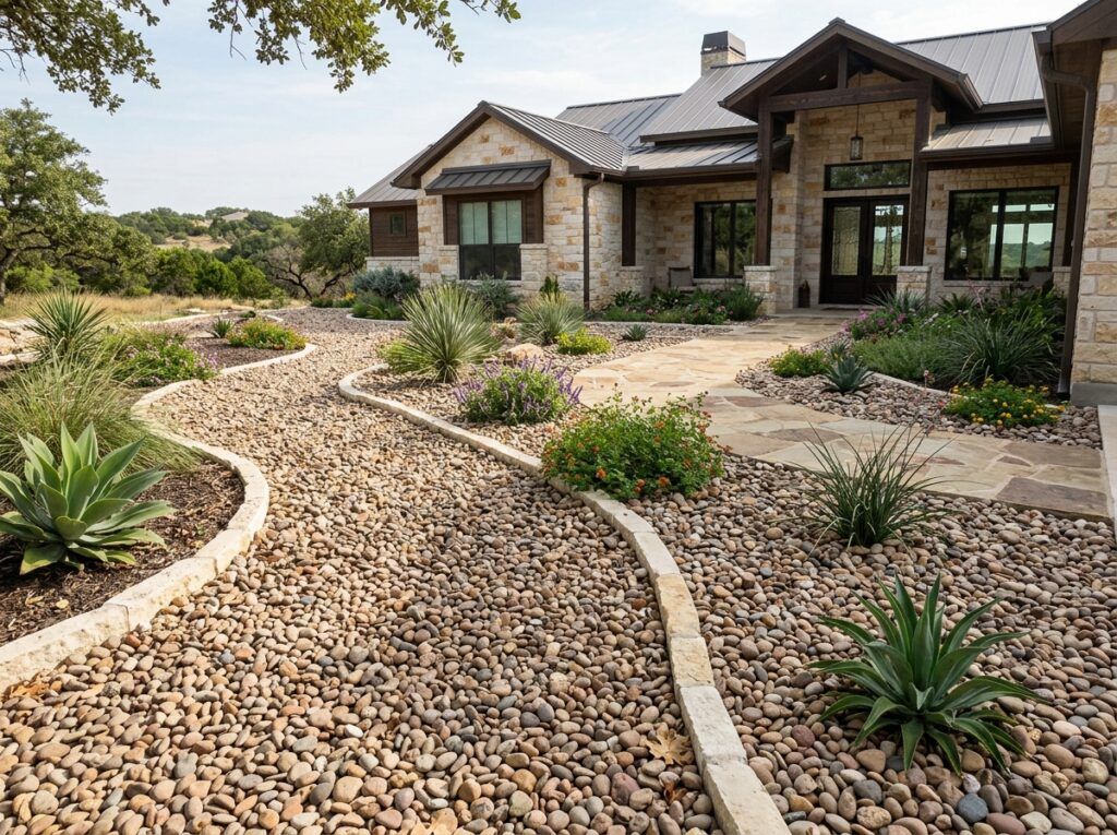 Small Colorado River Rock river rock ground cover of smooth tan and gray stones spread in a landscape bed.