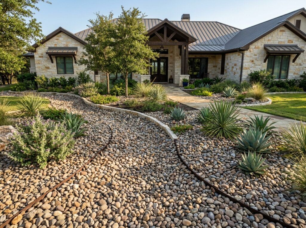 Small Colorado River Rock river rock ground cover spread in a landscape bed, smooth mixed tan and gray stones.