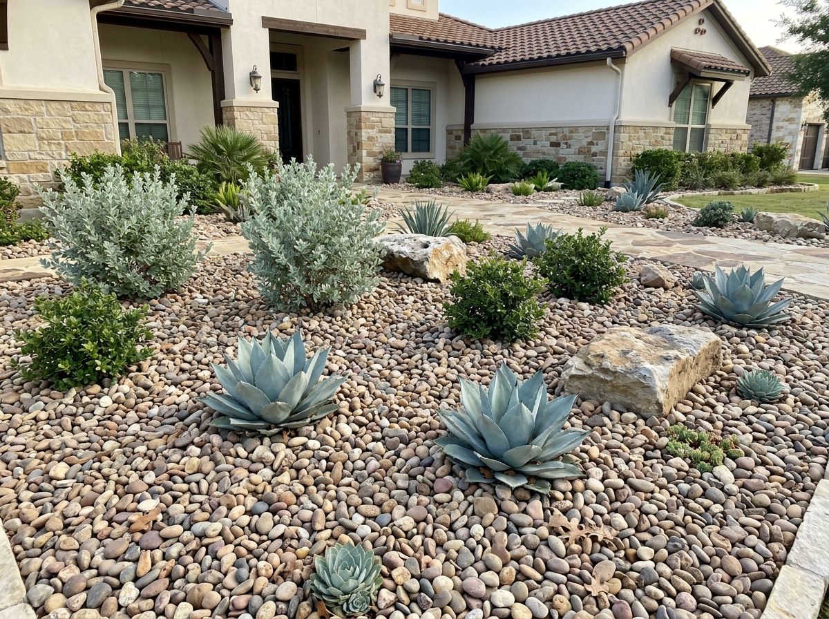Small Colorado River Rock ground cover with smooth tan and brown stones spread evenly in a landscaped bed.