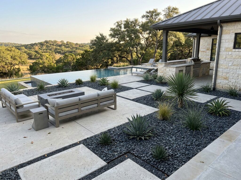 Small Shadow Stone ground cover of dark gray pebbles spread evenly across a landscaped garden bed.