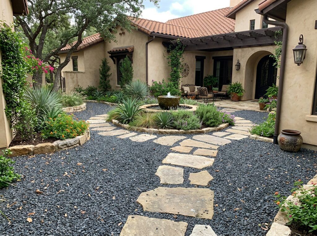 Small Shadow Stone ground cover of dark gray pebbles spread evenly around landscape plants.