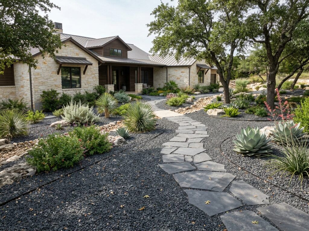 Small Shadow Stone ground cover with small dark gray stones spread evenly along a landscaped bed.