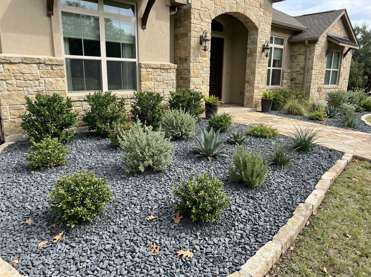 Small Shadow Stone ground cover of small dark gray stones spread in a neat layer along landscaping bed.