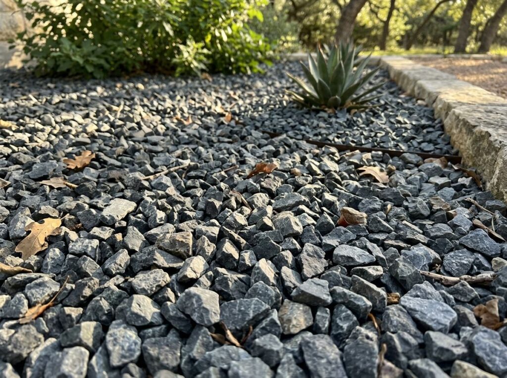 Small Shadow Stone ground cover of small dark gray pebbles spread in a neat bed around plants.