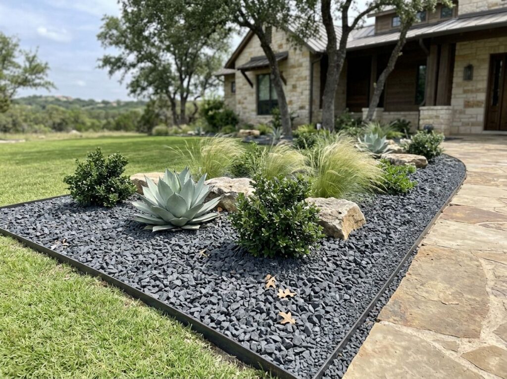 Small Shadow Stone ground cover of small dark gray stones spread as decorative landscape rock.