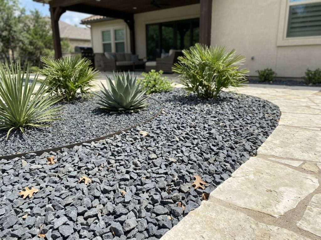 Small Shadow Stone ground cover, small charcoal-gray decorative rocks spread in a neat layer for landscaping.