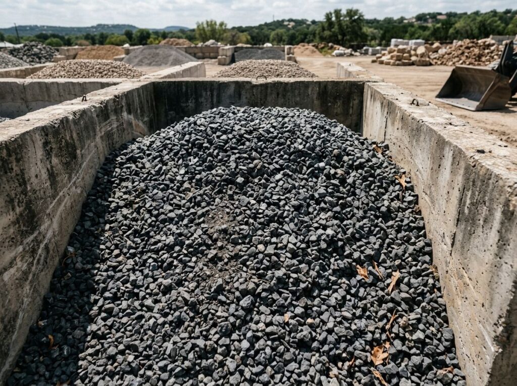 Small Shadow Stone ground cover of small dark gray pebbles spread evenly in a landscape bed.
