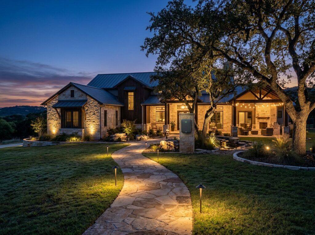 Smart Timer Hub mounted on an exterior wall, controlling landscape lighting with connected low-voltage cables.