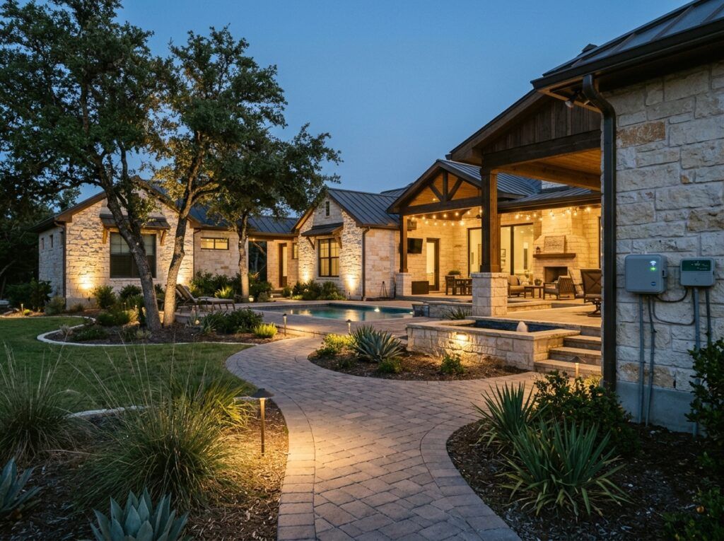 Smart Timer Hub mounted on an exterior wall with connected cables, managing landscape lighting on/off schedules.