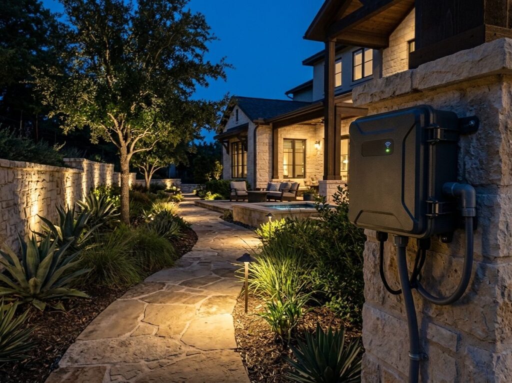 Smart Timer Hub for landscape lighting, black control box with digital display mounted near outdoor wiring.