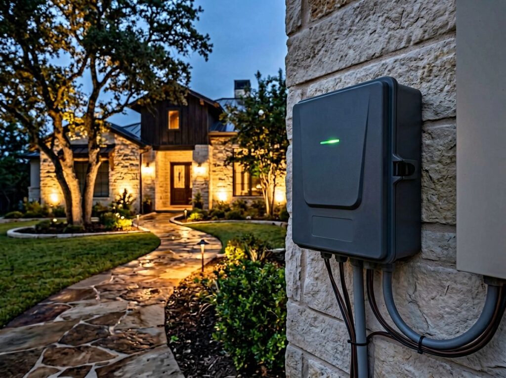 Smart Timer Hub for landscape lighting shown as a compact black control box with connected wiring.