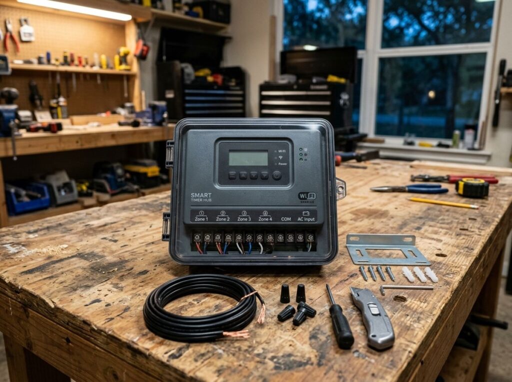 Smart Timer Hub for landscape lighting, a compact black control unit with digital display and ports.