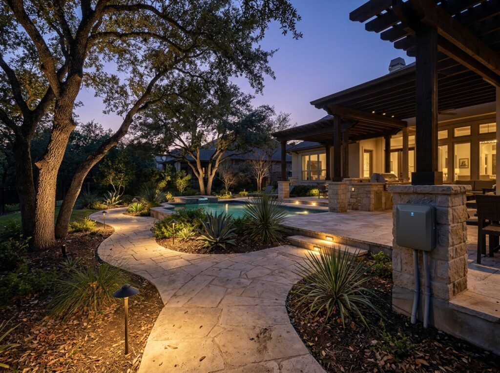 Smart Timer Hub for landscape lighting mounted on exterior wall, with black weatherproof case and connected wiring.