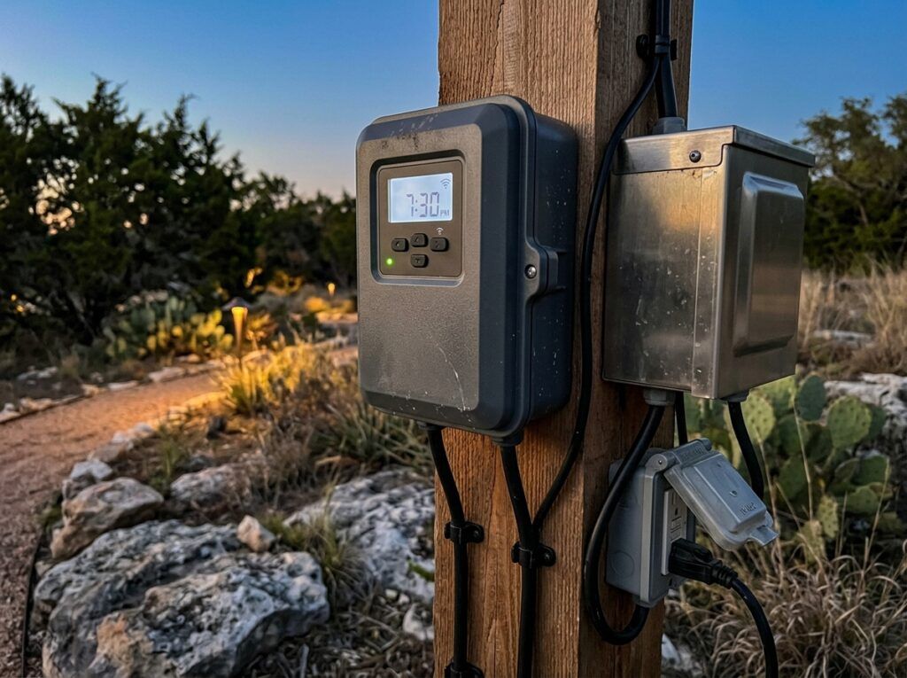 Smart Timer Hub for landscape lighting shown in black finish with digital display and plug-in connectors.