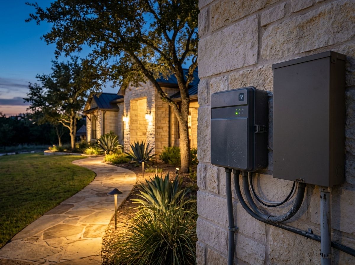 Smart Timer Hub for landscape lighting shown as a compact white control box with digital display and power cord.