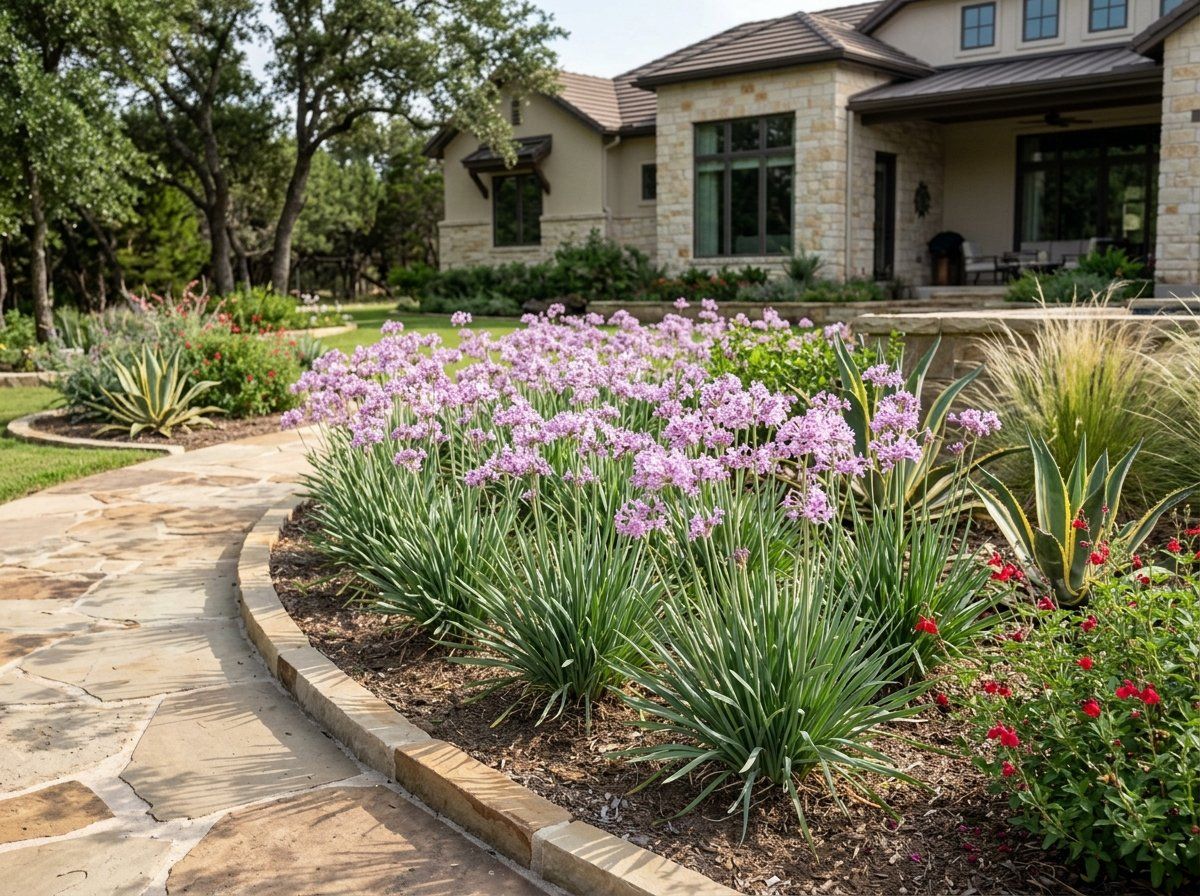 Society Garlic perennial in bloom with pale purple star-shaped flowers above clumps of slender green leaves.