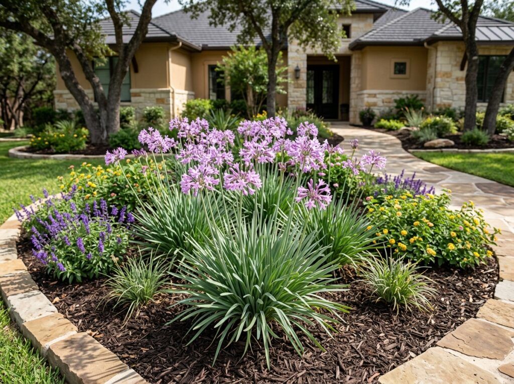 Society Garlic perennial with clumping narrow green leaves and tall stems of purple blooms in landscape.
