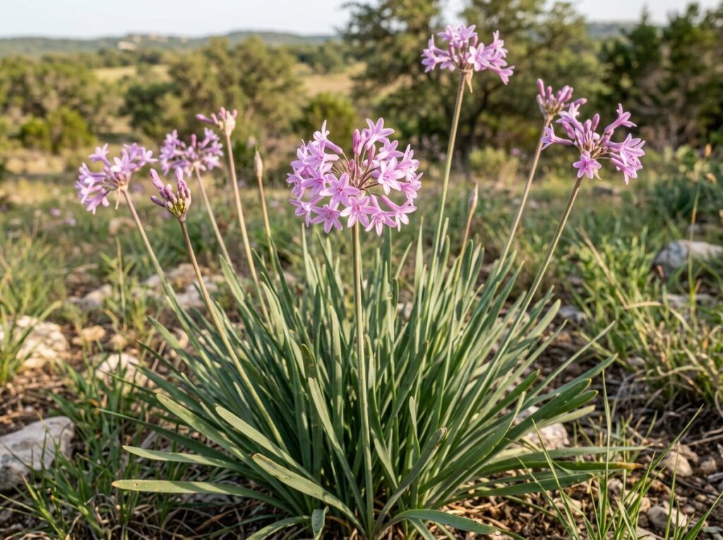 Society Garlic perennial in bloom with tall purple flower clusters above straplike green leaves.