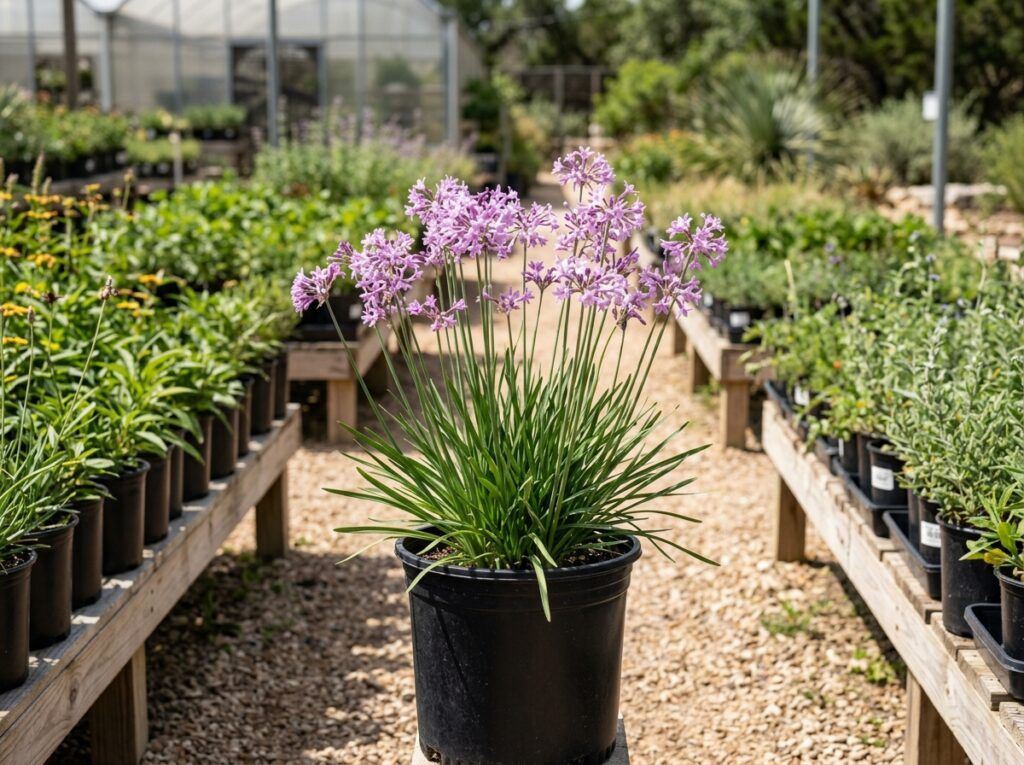 Society Garlic perennial with purple flower clusters and straplike green leaves in a nursery pot.