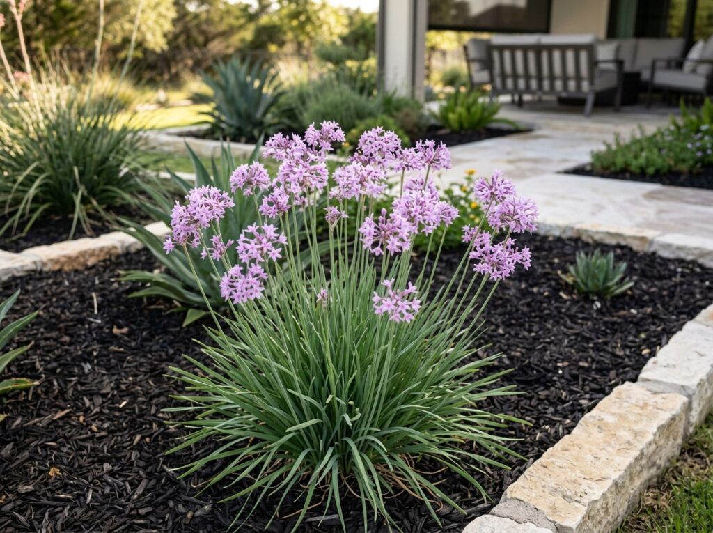 Society Garlic perennial with slender green leaves and clusters of pale purple flowers growing in a garden bed.