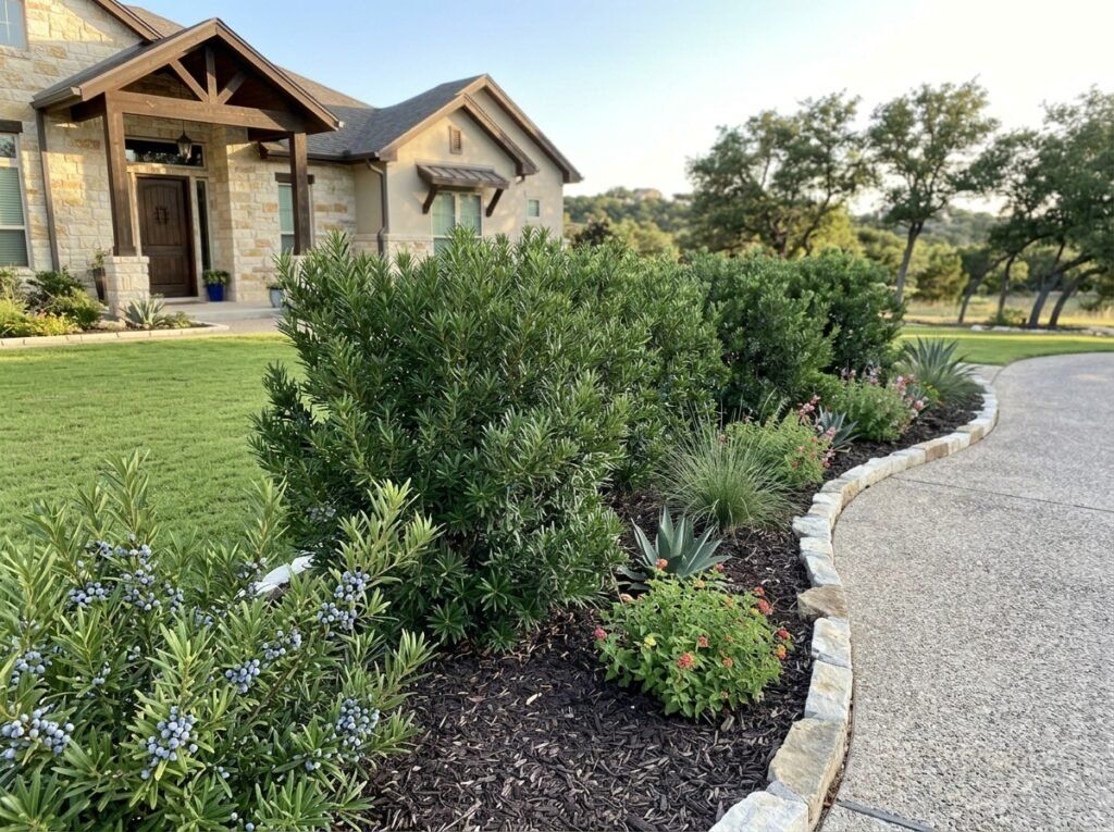 Southern Wax Myrtle shrub with dense, glossy green foliage in landscape, shown as mature multi-stem plant.
