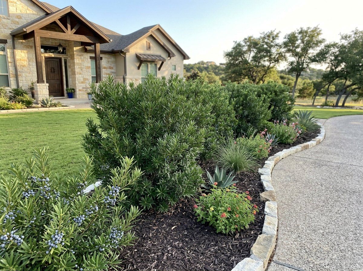 Southern Wax Myrtle shrub with dense, glossy green foliage in landscape, shown as mature multi-stem plant.