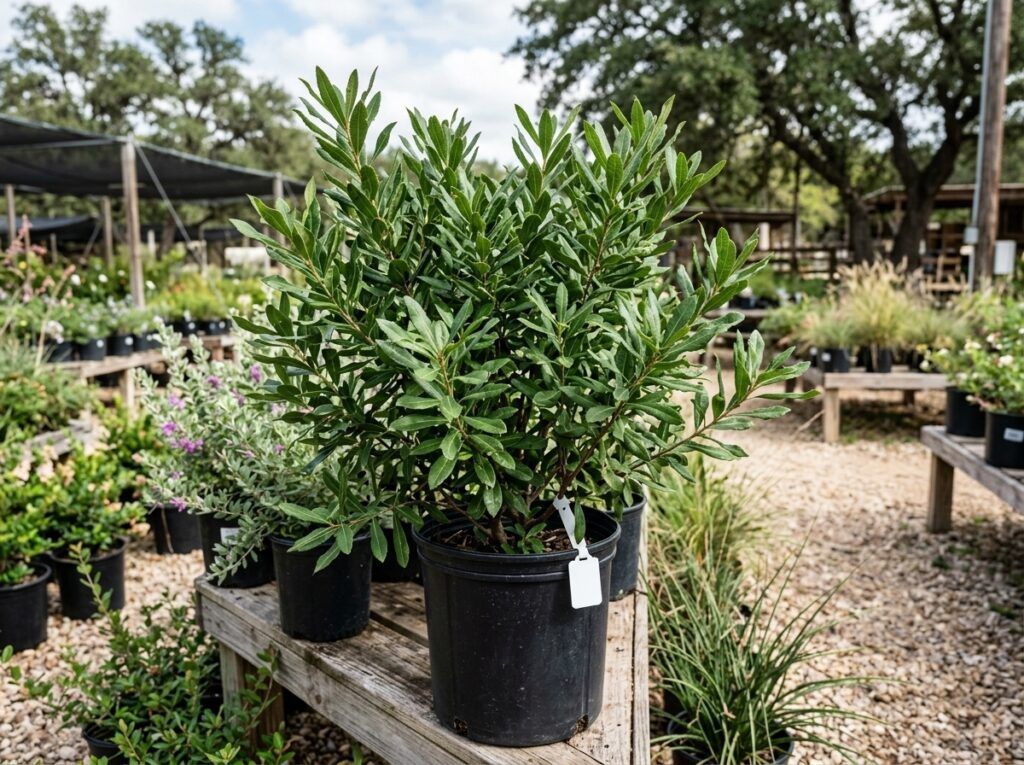 Southern Wax Myrtle shrub in a nursery container with dense green foliage.