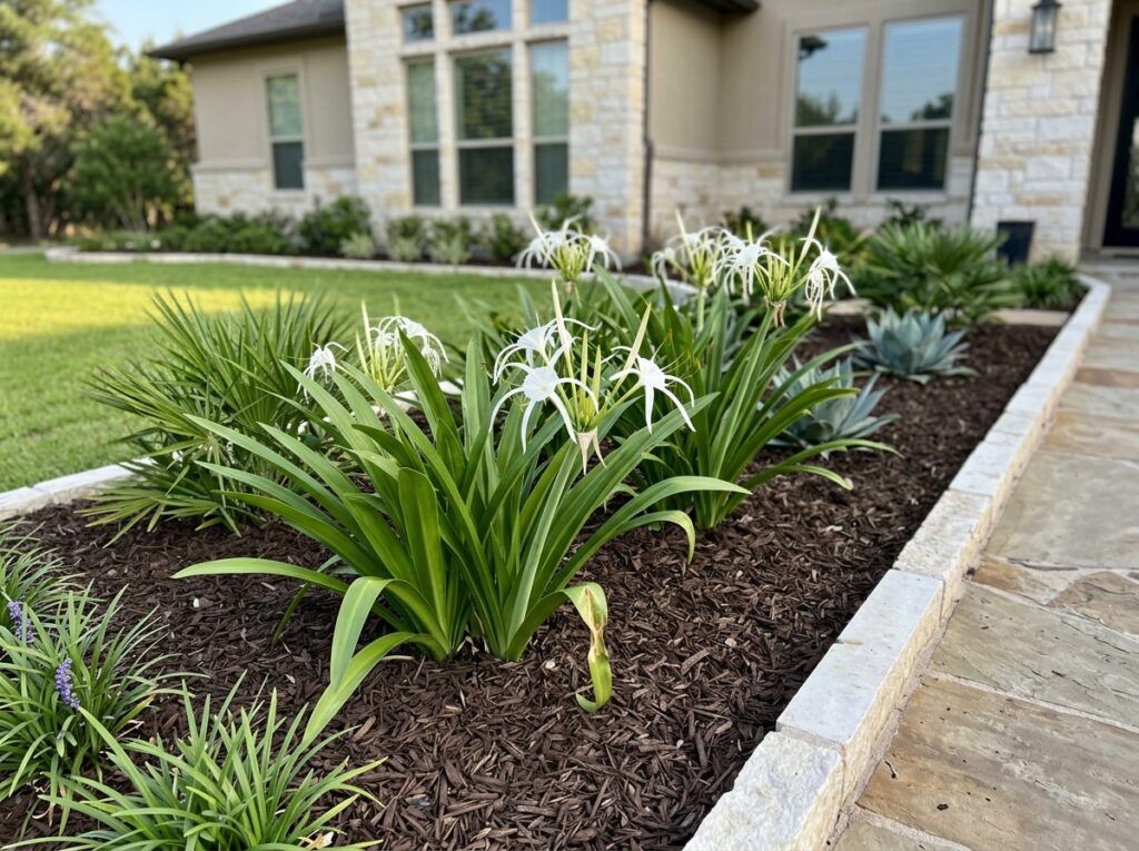 Spider Lily in bloom with white spidery flowers and green strap-like leaves growing in a container.