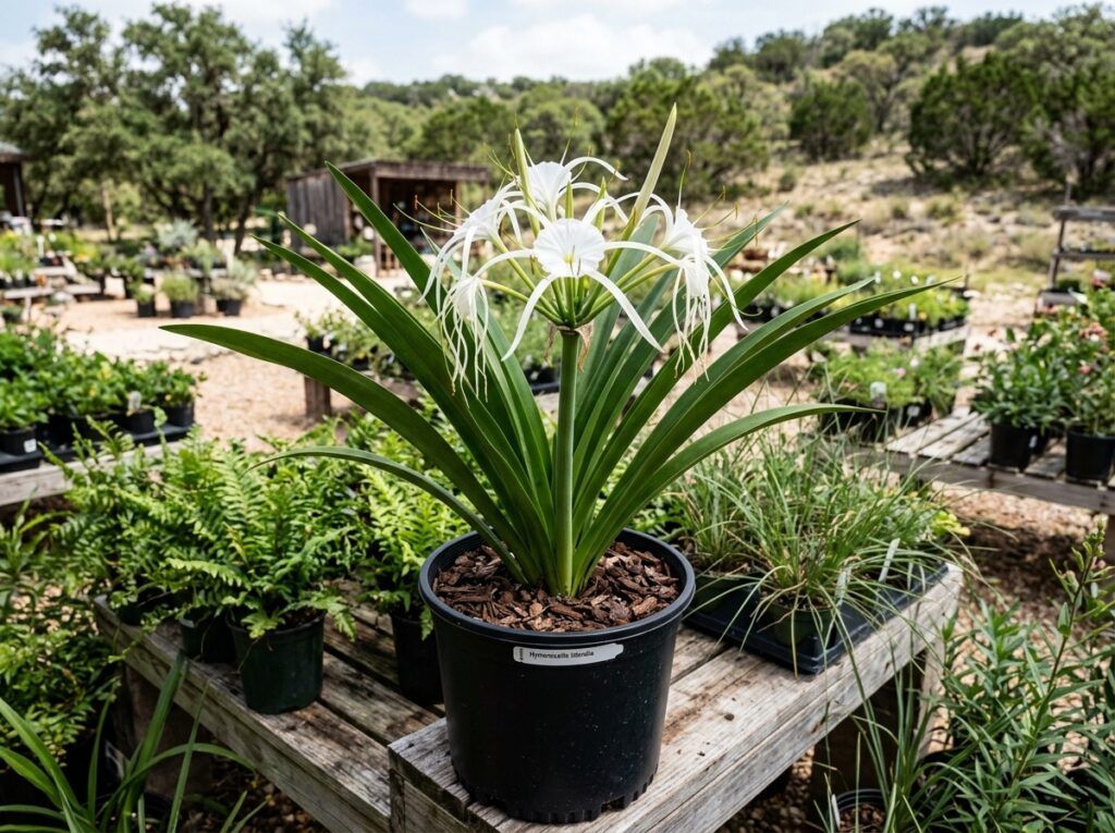 Spider Lily perennial in bloom with narrow green leaves and white spidery flowers in a nursery pot.