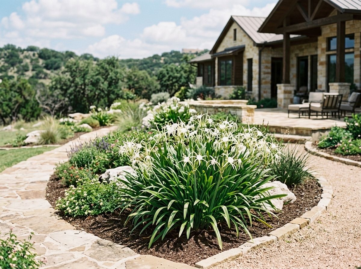 Spider Lily perennial with narrow green leaves and white spidery blooms growing in a garden bed.