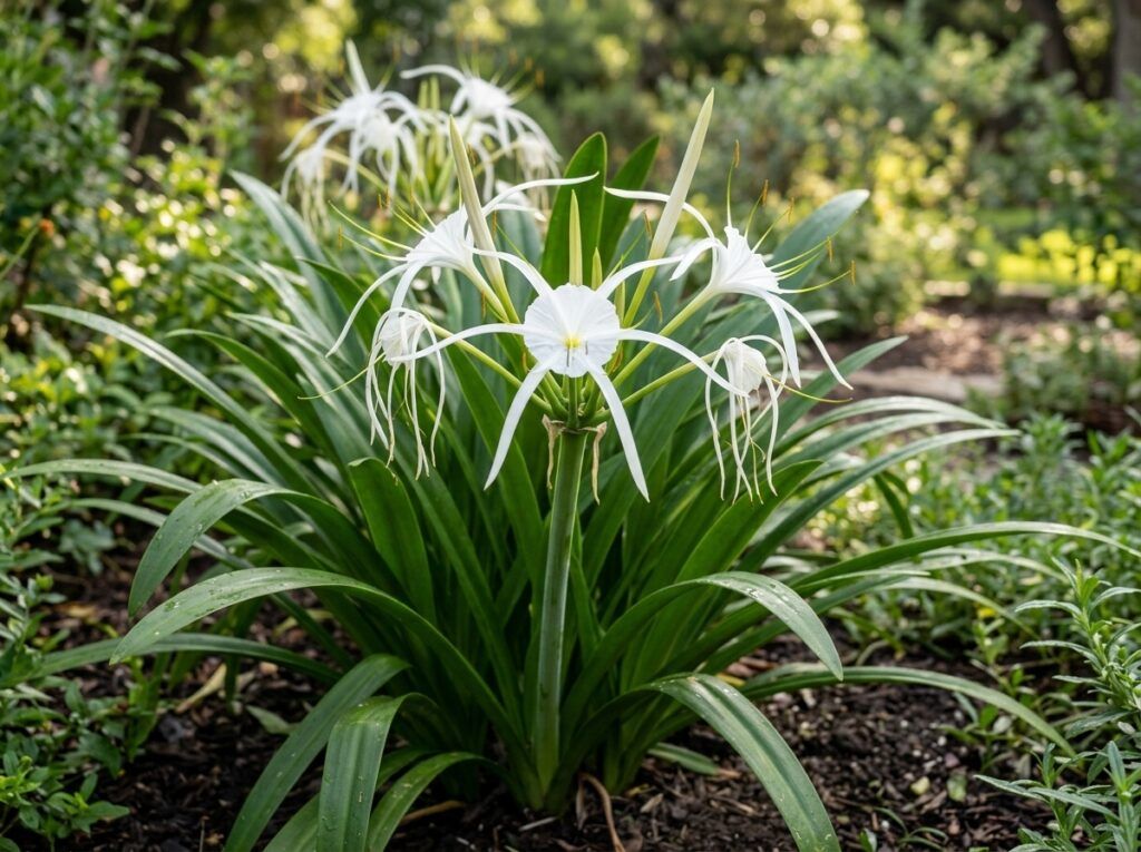Spider Lily perennial with narrow green leaves and white spidery blooms in a nursery pot.