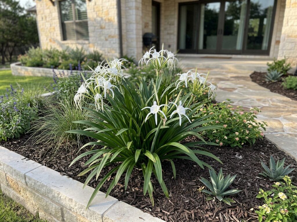 Spider Lily plant with spiky red blooms and narrow green leaves in a container, close-up.