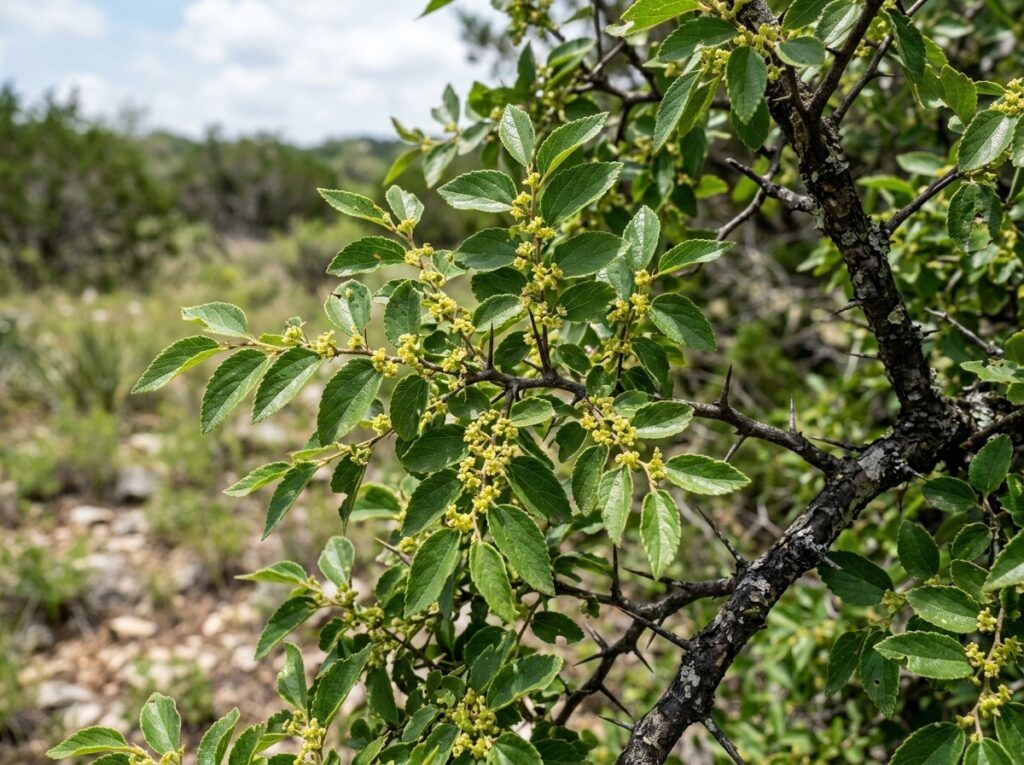 Spiny Hackberry tree in a black nursery container with dense green foliage.