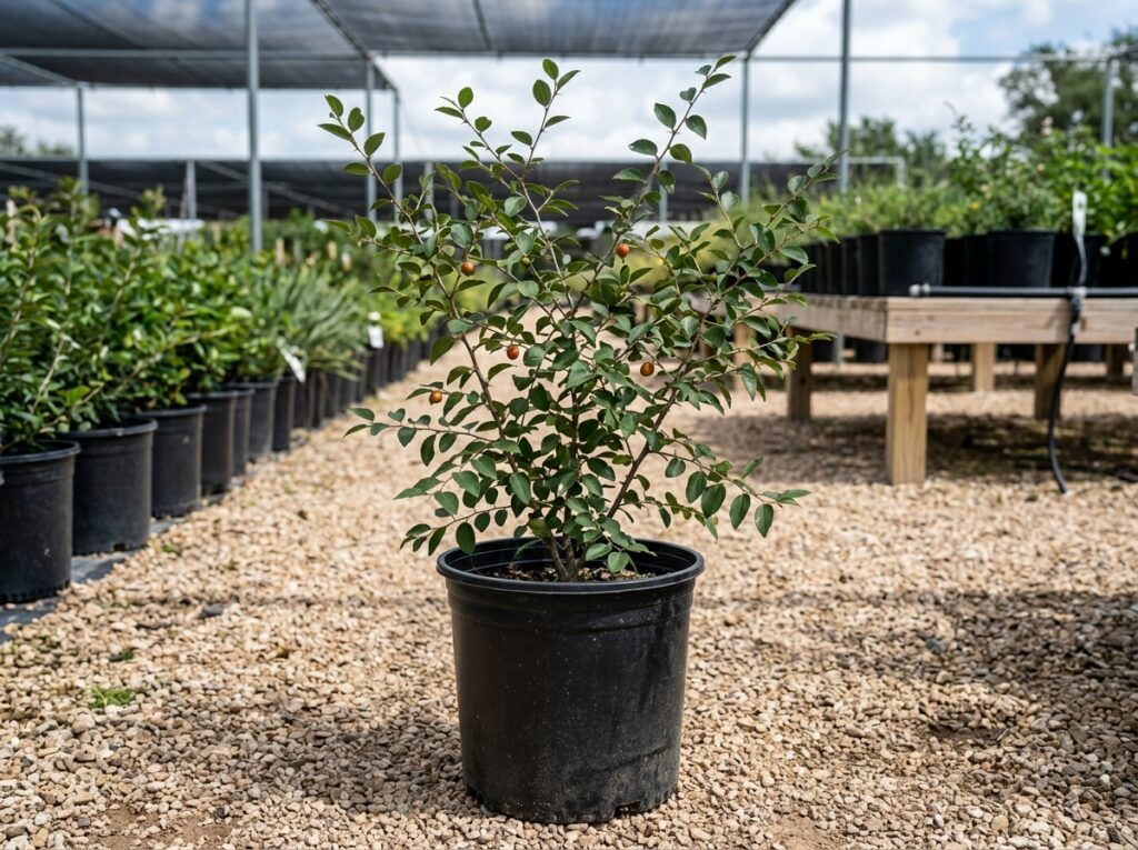 Spiny Hackberry tree in black nursery pot with slender trunk and green foliage.