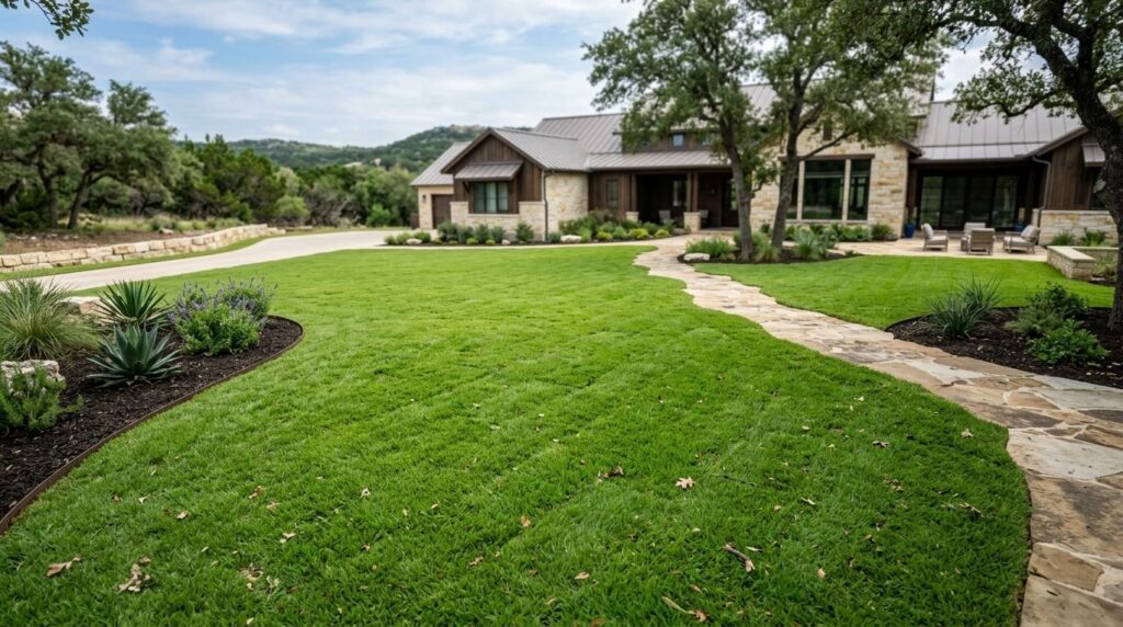 St Augustine Amerishade sod installation with fresh green rolls laid tightly, seams aligned for a new lawn.