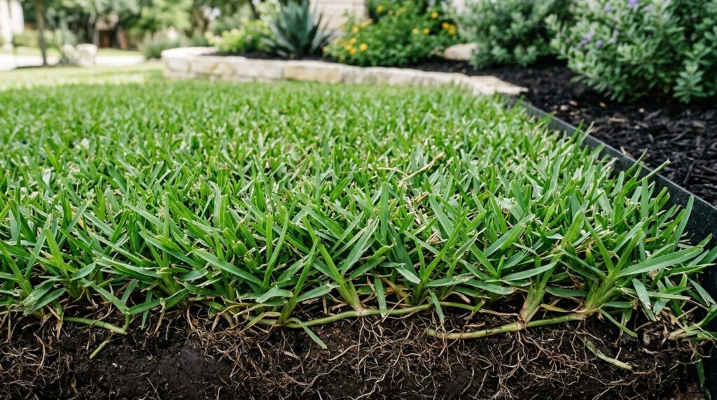 St Augustine Amerishade sod rolls freshly laid with tight seams, showing dense, lush green grass blades.