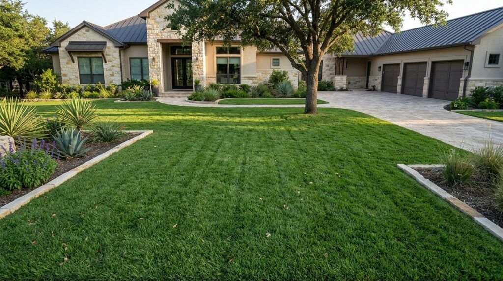 St Augustine Amerishade sod rolls freshly laid, showing dense dark-green blades and tight seams.