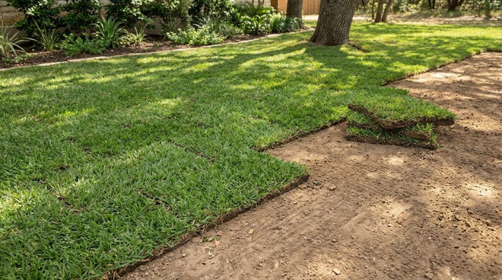 St Augustine Amerishade sod rolls laid in neat seams, showing dense green turf ready for rooting.