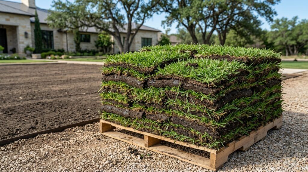 St Augustine Del Mar sod with dense, bright green blades in a freshly laid lawn.