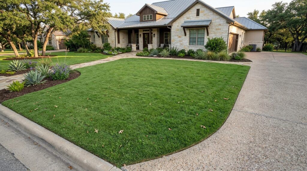 St Augustine Del Mar sod rolls freshly laid, showing dense green blades and tight seams on prepared soil.