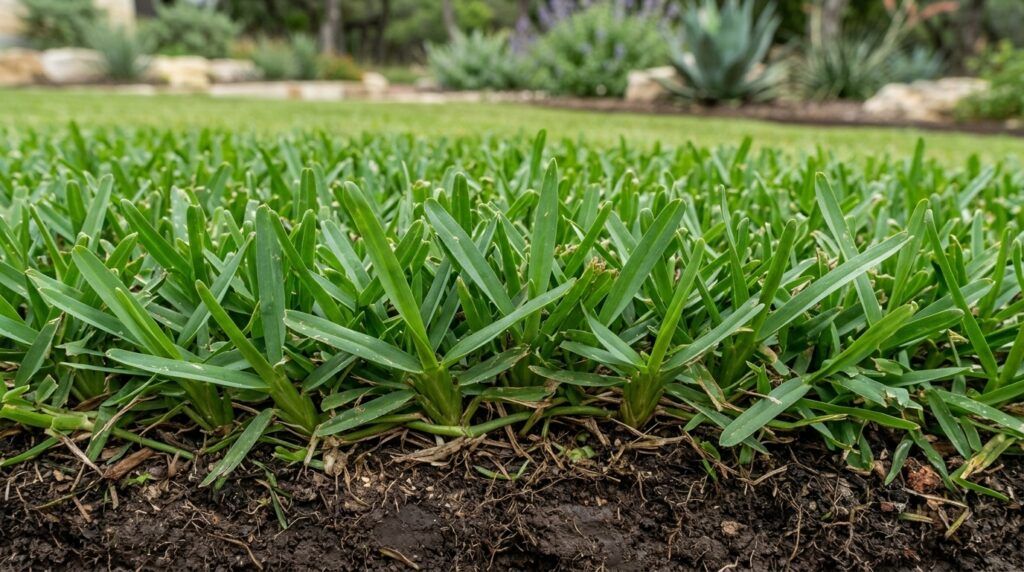 St Augustine Del Mar sod rolls freshly laid with tight seams and vibrant green blades.