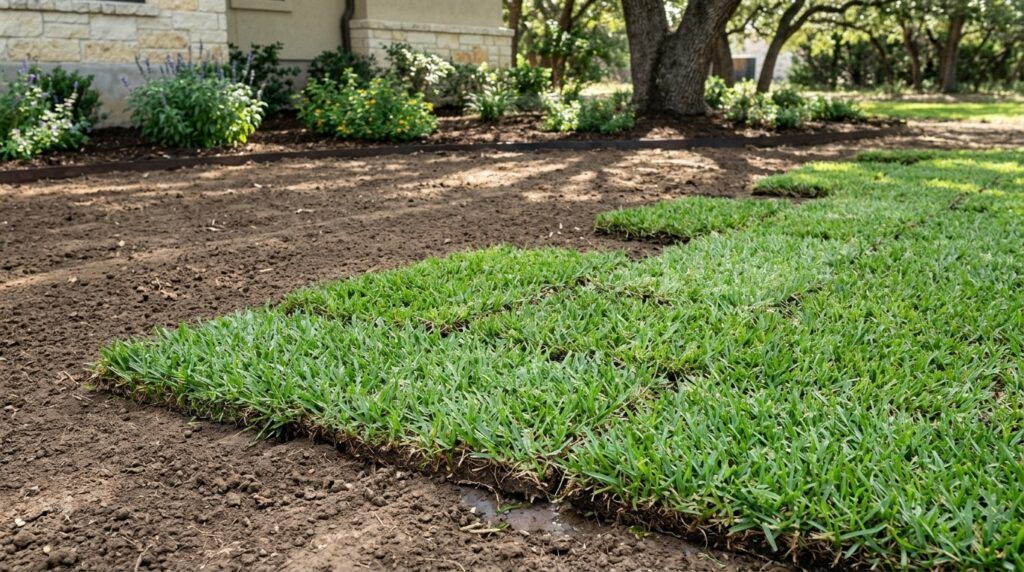 St Augustine Del Mar sod rolls stacked on a pallet, showing dense green blades ready for installation.
